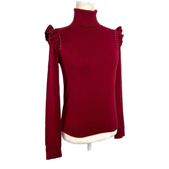 KATE SPADE New York Burgundy Ruffle Trim Cotton Cashmere Turtleneck Sweater XS - Picture 8 of 14